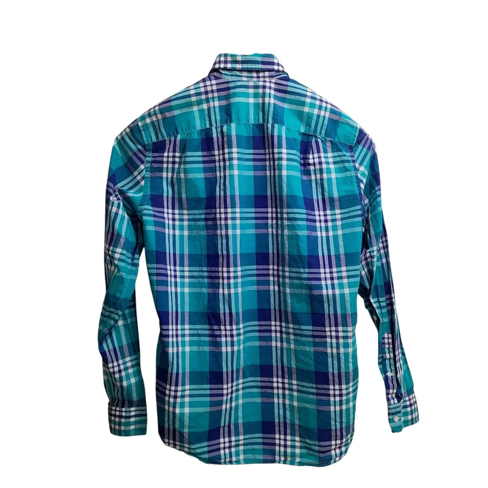 J. Crew Blue and Green Plaid Casual Tagless 100% Cotton Button Down Shirt Size S